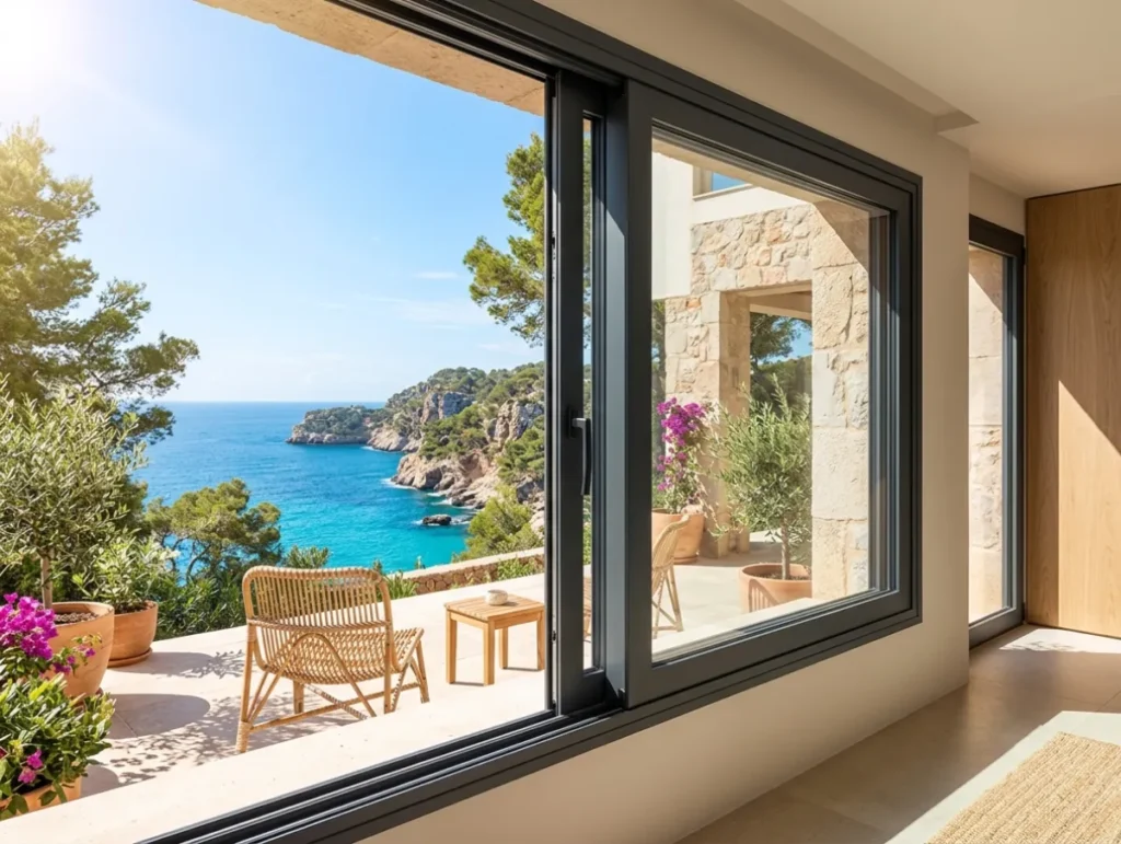 Instalación de gran ventanal corredero con perfilería gris oscuro y vistas al mar, un ejemplo de trabajo de carpintería de aluminio en Mallorca para terrazas exteriores. Mejor empresa de carpinteria de aluminio en Mallorca - Multiservicios Mallorca - Telf: 607 88 66 60