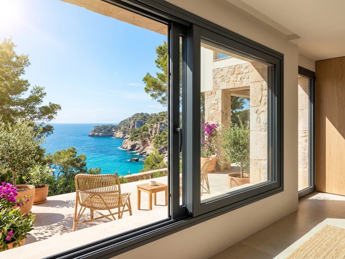 Instalación de gran ventanal corredero con perfilería gris oscuro y vistas al mar, un ejemplo de trabajo de carpintería de aluminio en Mallorca para terrazas exteriores. Mejor empresa de carpinteria de aluminio en Mallorca - Multiservicios Mallorca - Telf: 607 88 66 60