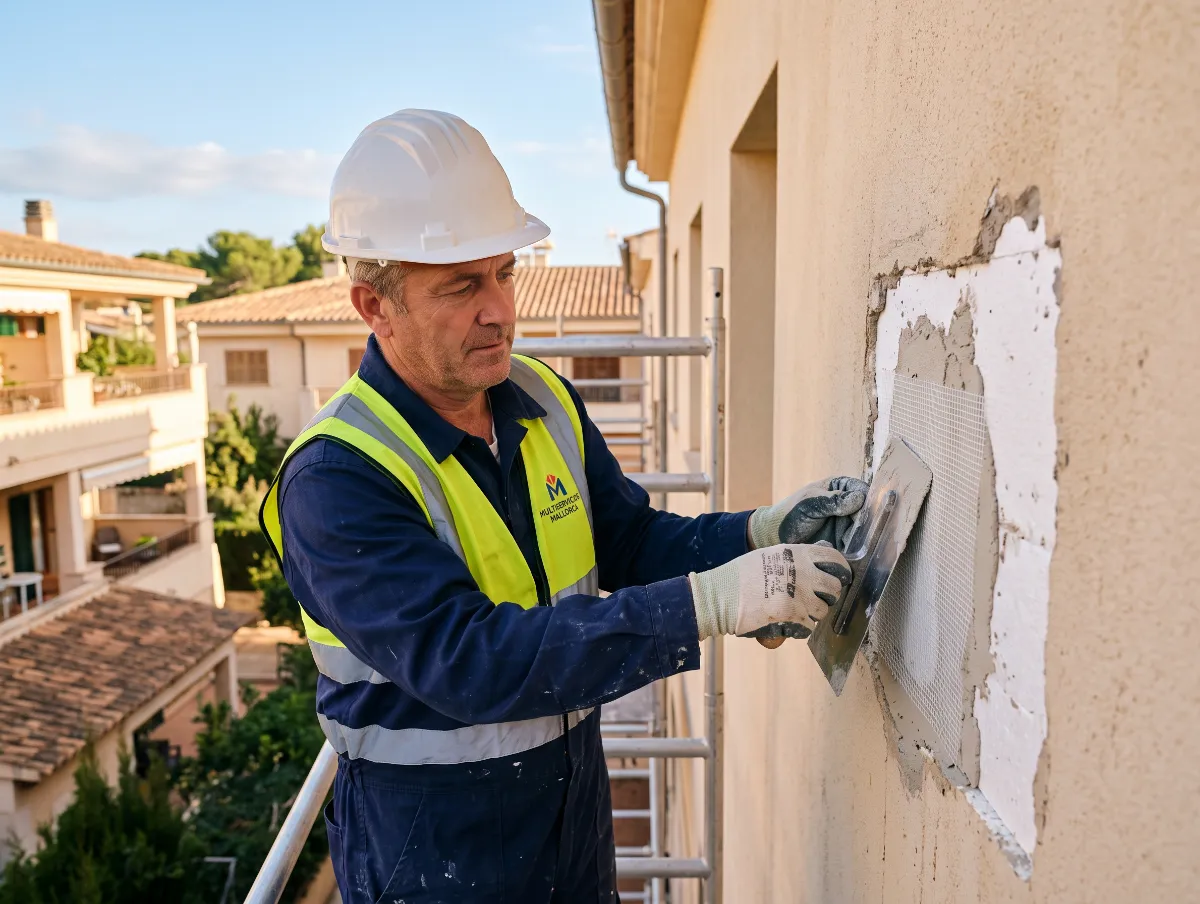 Especialista de Multiservicios Mallorca realizando mantenimiento SATE: aplicando mortero acrílico de reparación sobre una malla de fibra de vidrio en una fachada con aislamiento de poliestireno expuesto.