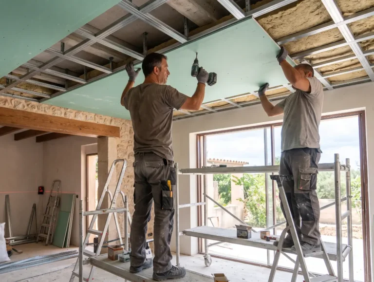 Dos oficiales profesionales instalando techos de pladur en Mallorca, atornillando placas hidrófugas antihumedad sobre estructura de acero galvanizado con aislamiento térmico en una vivienda tradicional de piedra.